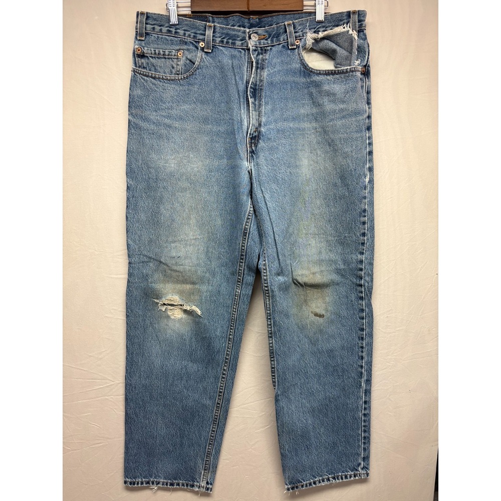 Levi's 550 Jeans Blue Denim Stretch Relaxed Fit Distressed Straight Leg 38x30
